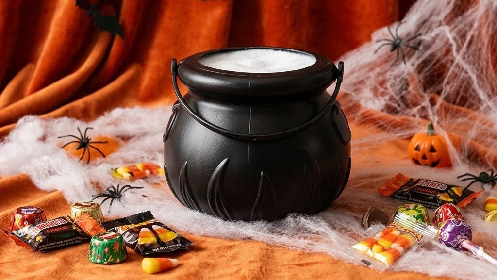 A black cauldron-shaped bucket filled with white candy, styled on an orange fabric-covered table with Halloween decorations including spiderwebs, plastic spiders, bats, pumpkins, and assorted Halloween candy.